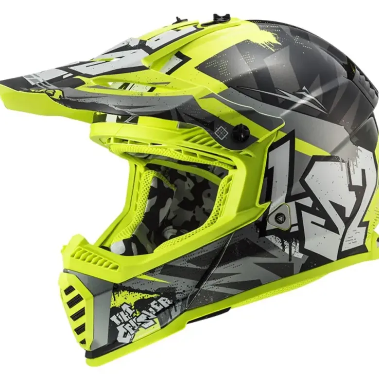Casco Cross Enduro Ls2 Mx437 Fast Evo Crusher Nero Giallo Alta Visibilità