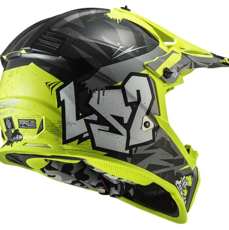 Casco Cross Enduro Ls2 Mx437 Fast Evo Crusher Nero Giallo Alta Visibilità