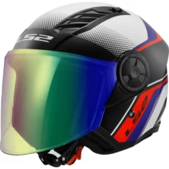 Casco Jet Ls2 OF616 Airflow 2 Rush Bianco Blu Rosso Lucido con Visiera Aggiuntiva
